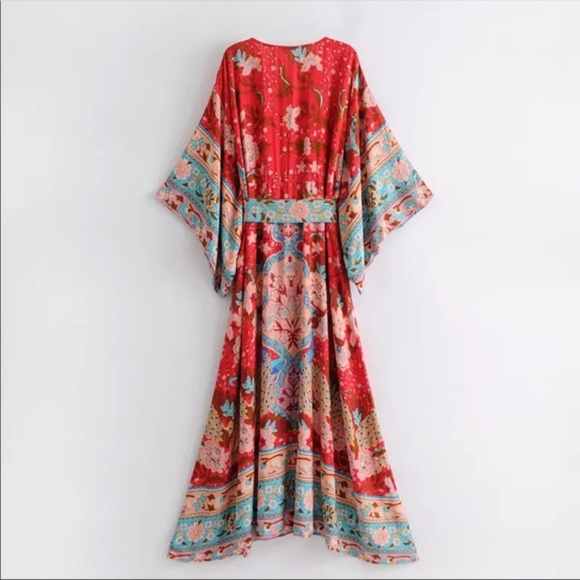Boho Colorful gypsy wide sleeve red Midi dress - Picture 3 of 12